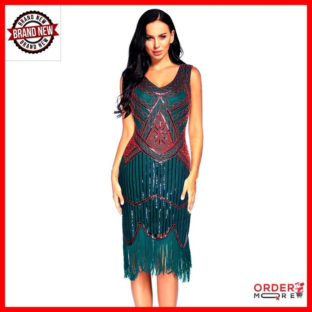 Plus Size 1920s Vintage Fringed Sequin Beaded Flapper Dress Cocktail Party